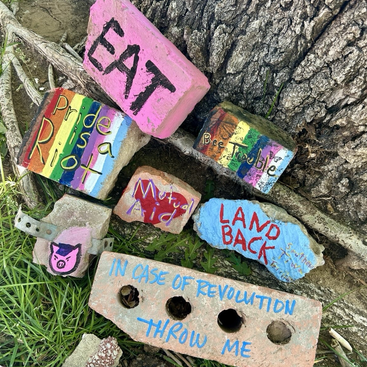 painted bricks resting under a tree, EAT, Bee Trouble, Pride is a Riot, Mutual Aid, Land Back, In Case of Revolution Throw Me